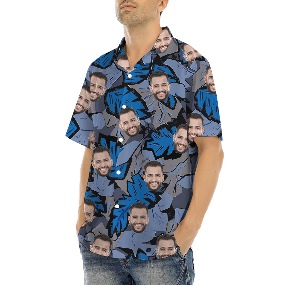 Custom Face Tropical Leave Blue Hawaiian Shirt