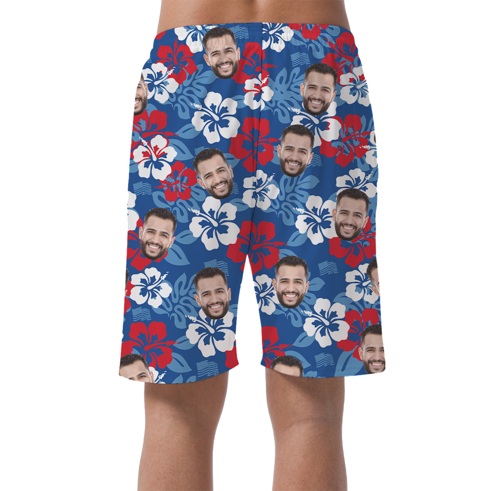 4th Of July Custom Face Blue Hibiscus Men's Hawaiian Beach Shorts