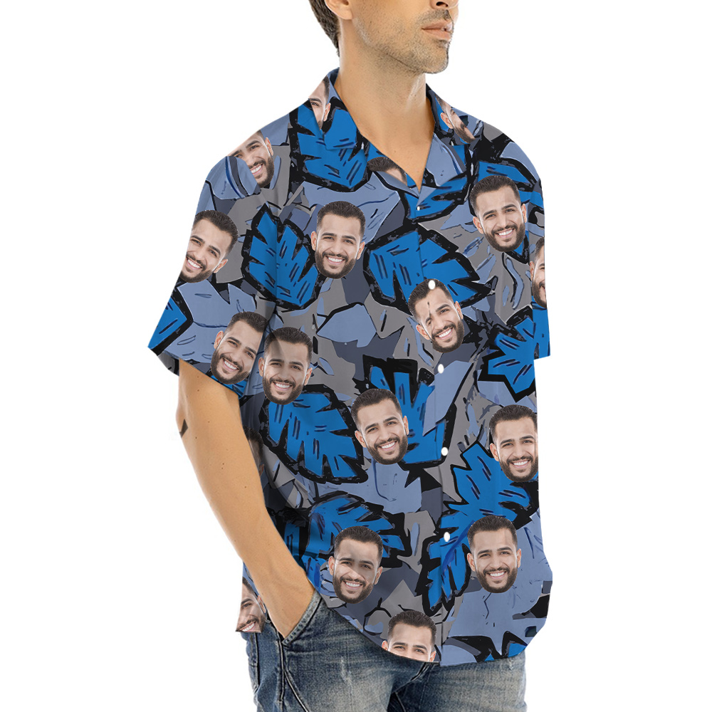 Custom Face Tropical Leave Blue Hawaiian Shirt