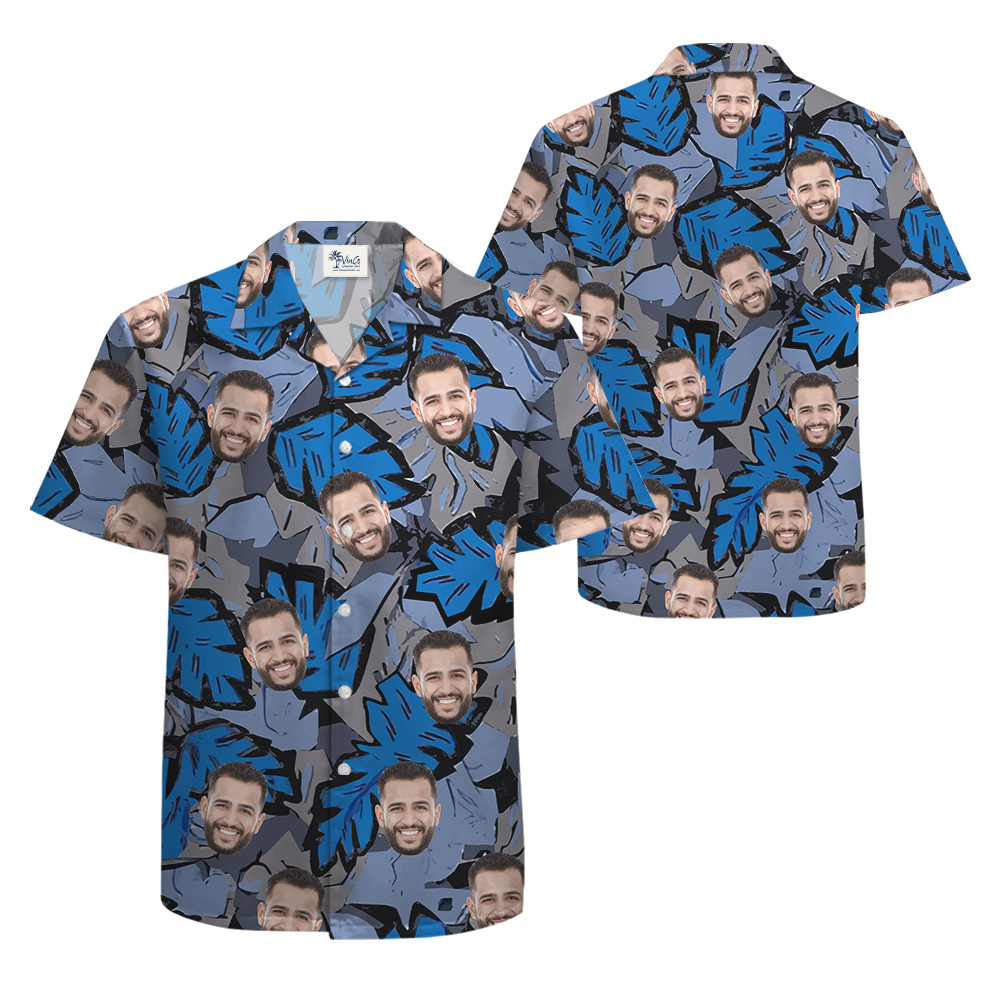 Custom Face Tropical Leave Blue Hawaiian Shirt