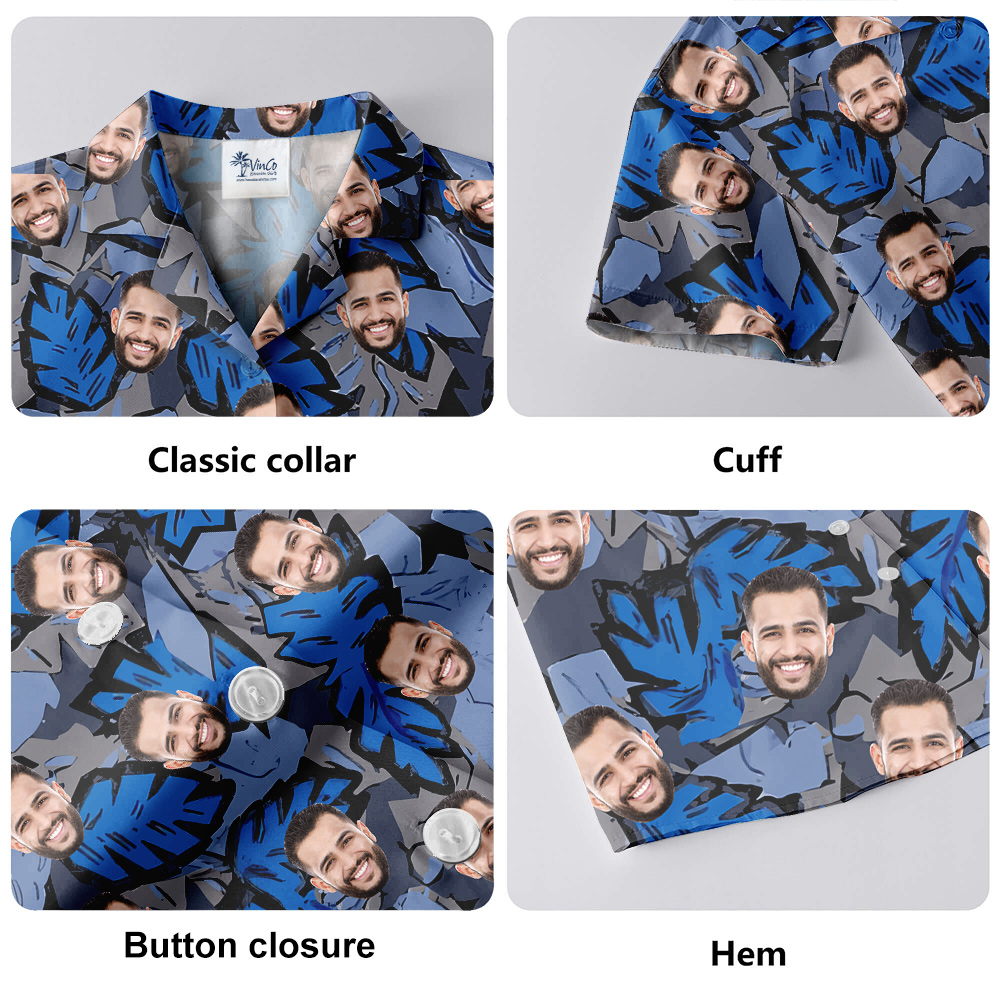 Custom Face Tropical Leave Blue Hawaiian Shirt