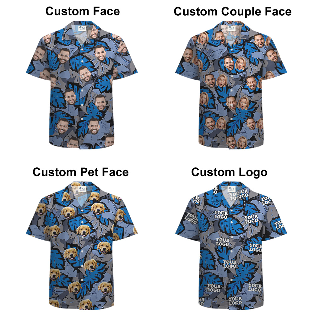 Custom Face Tropical Leave Blue Hawaiian Shirt