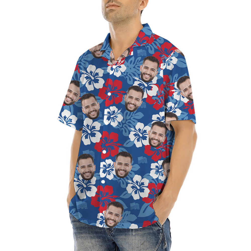 Custom Multiple Faces Floral Blue Hawaiian Shirt Theme 4th Of July