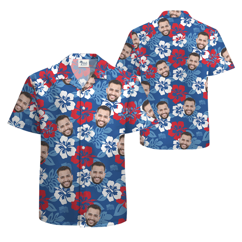 Custom Multiple Faces Floral Blue Hawaiian Shirt Theme 4th Of July