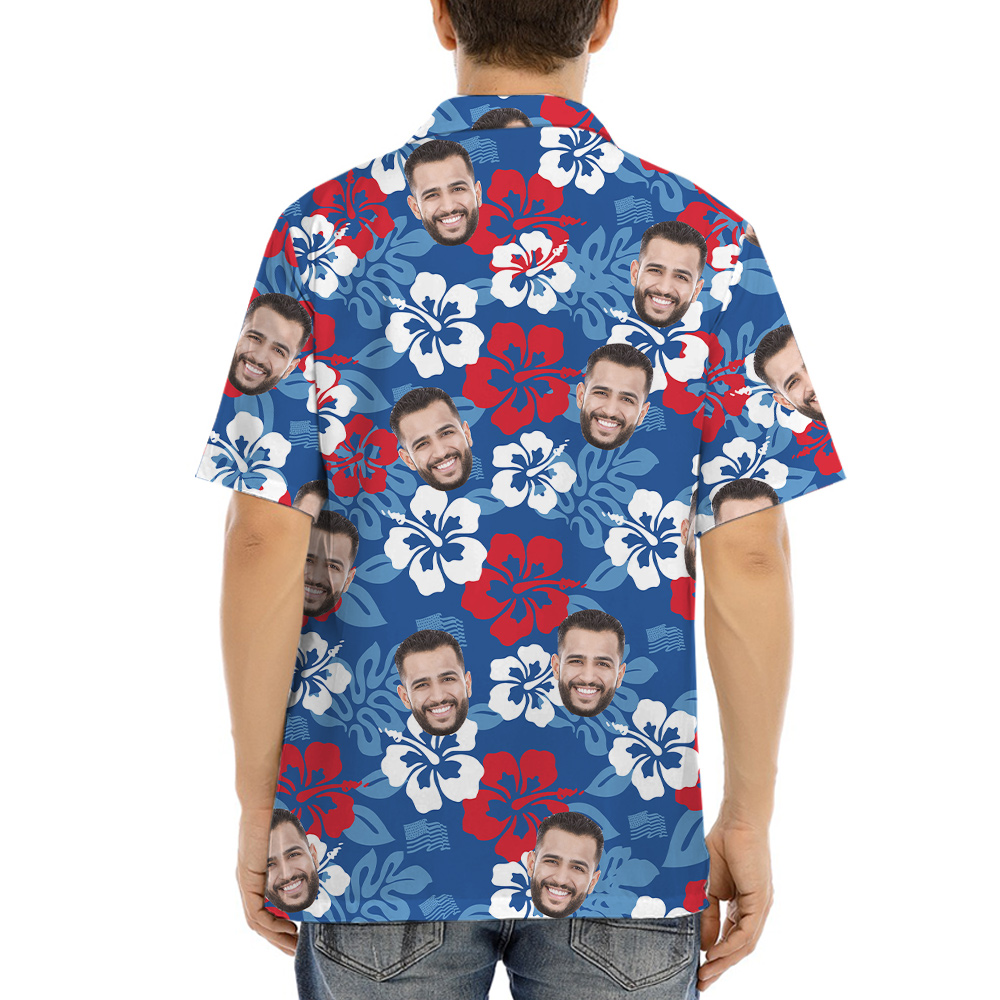 Custom Multiple Faces Floral Blue Hawaiian Shirt Theme 4th Of July