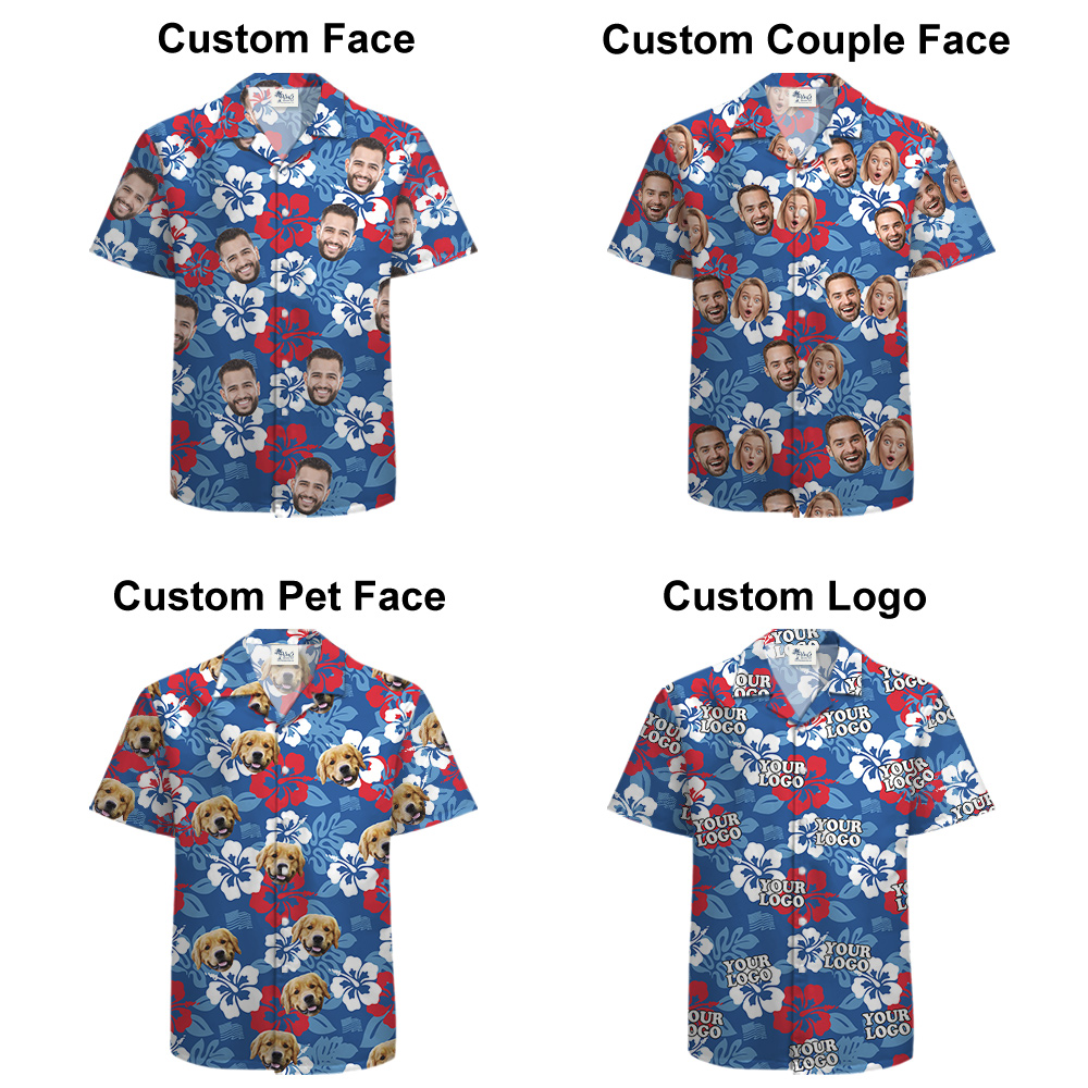 Custom Multiple Faces Floral Blue Hawaiian Shirt Theme 4th Of July