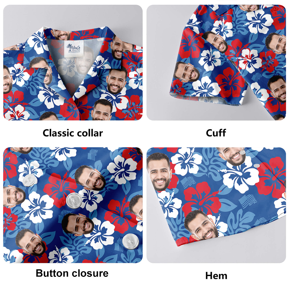 Custom Multiple Faces Floral Blue Hawaiian Shirt Theme 4th Of July