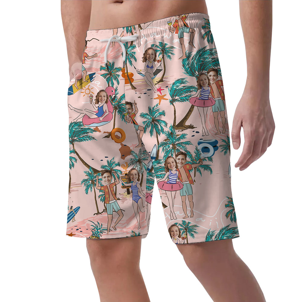 Personalized Men's Beach Shorts With Couple Faces