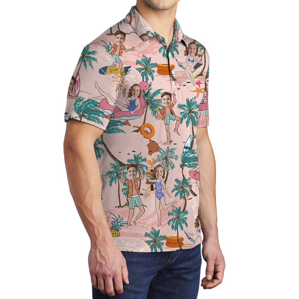 Personalized Beach Polo Shirt With Couple Faces