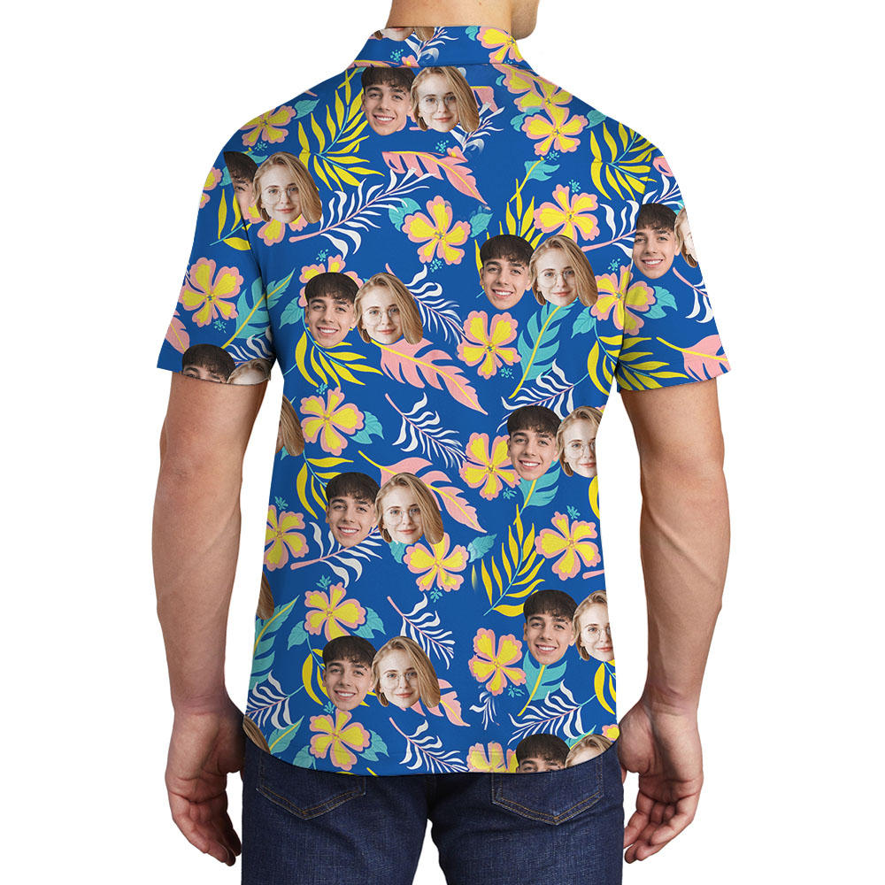 Custom Face Men's Polo Shirt With Blue Floral Pattern