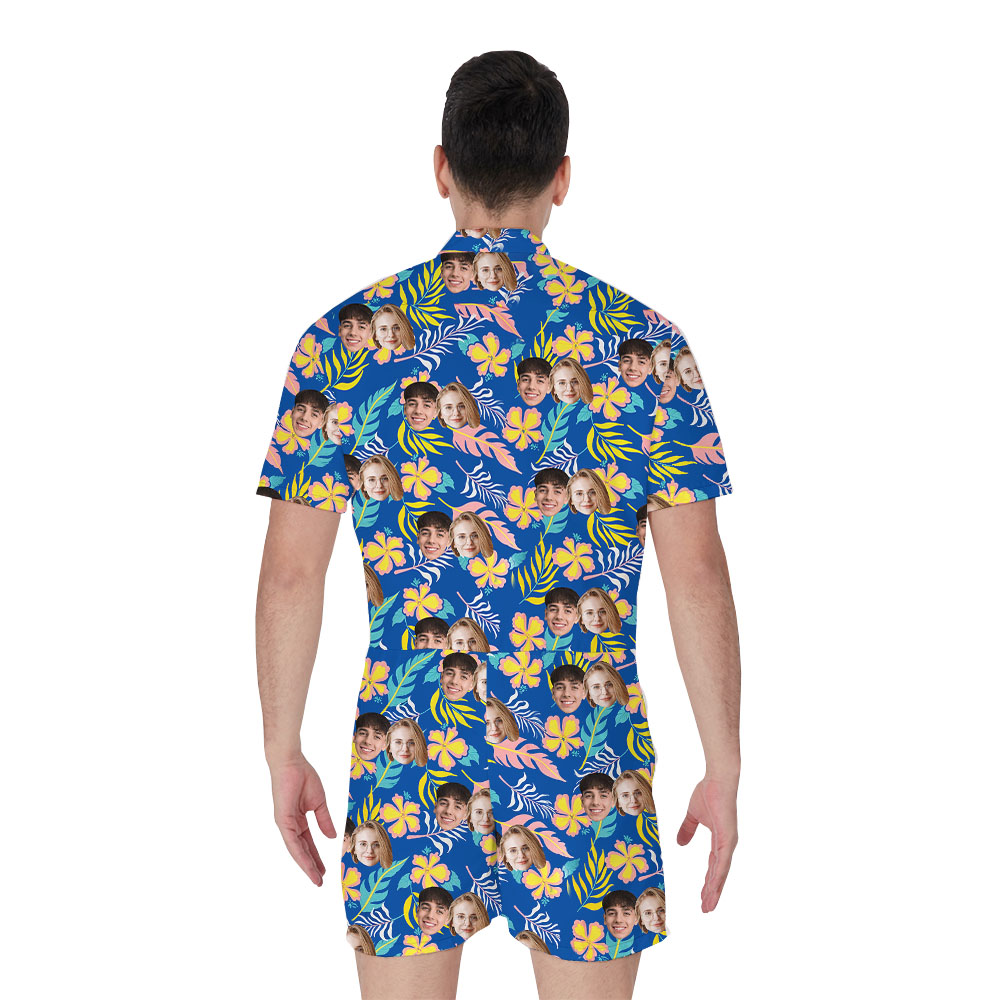 Funny Personalized Blue Men's Romper With Faces Printed