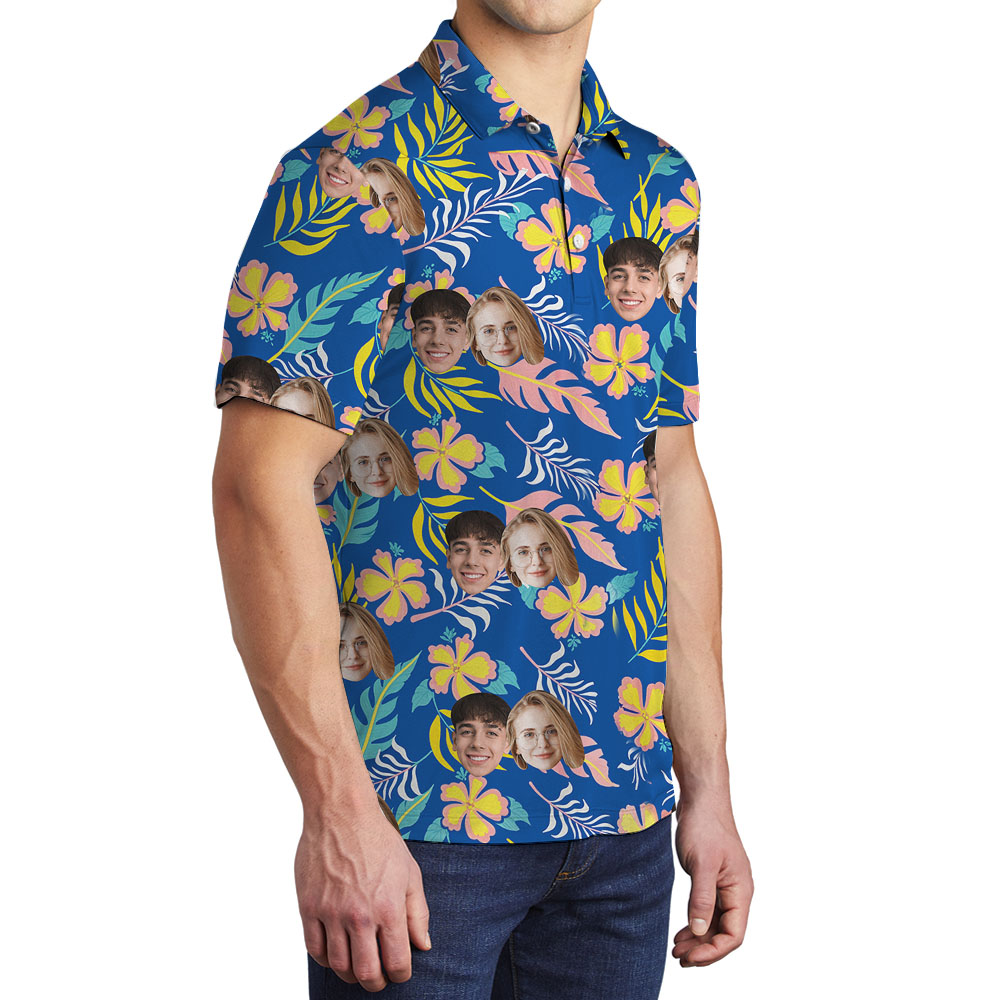 Custom Face Men's Polo Shirt With Blue Floral Pattern