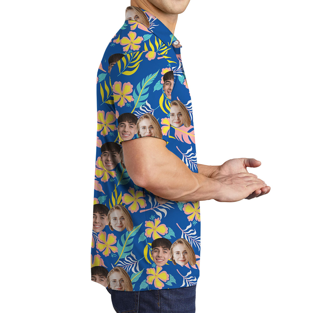 Custom Face Men's Polo Shirt With Blue Floral Pattern
