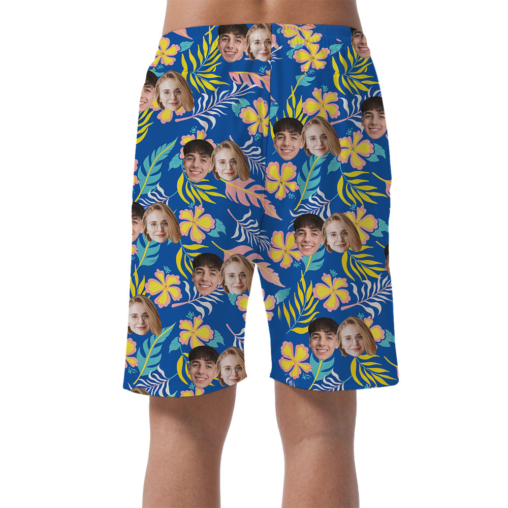 Blue Floral Men's Hawaiian Beach Shorts With Faces