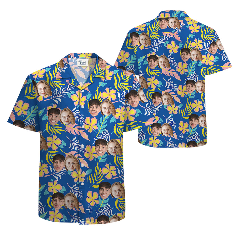 Floral Blue Personalized Hawaiian Shirt With 1-4 Faces