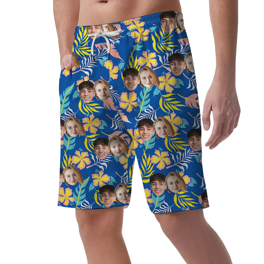Blue Floral Men's Hawaiian Beach Shorts With Faces