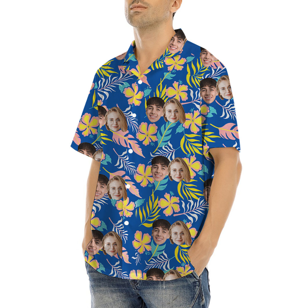 Floral Blue Personalized Hawaiian Shirt With 1-4 Faces