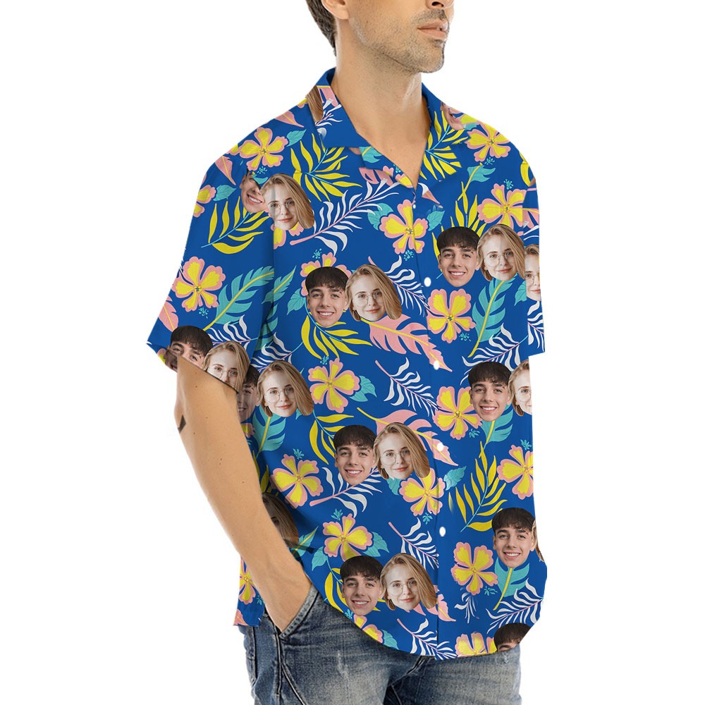 Floral Blue Personalized Hawaiian Shirt With 1-4 Faces