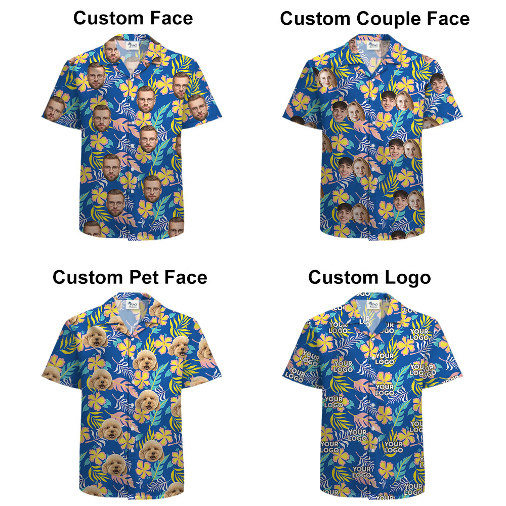 Floral Blue Personalized Hawaiian Shirt With 1-4 Faces