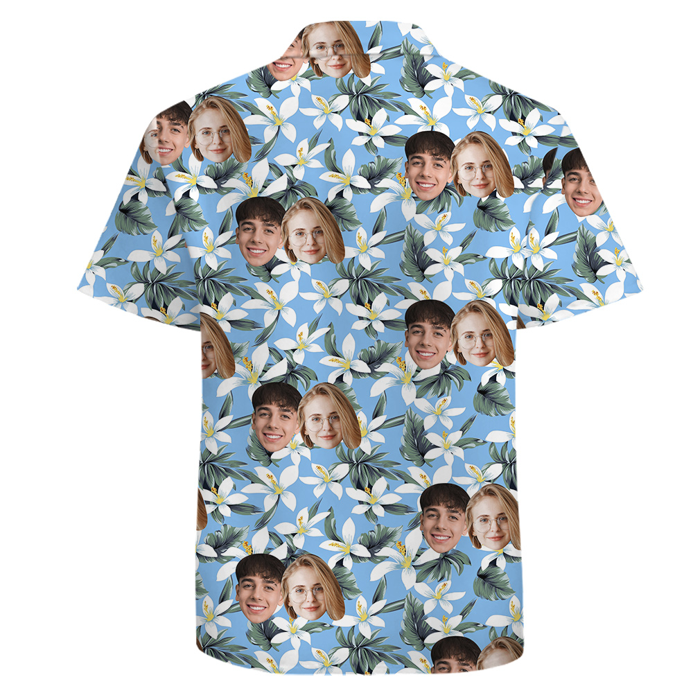 Custom Couple Faces Floral Blue Cotton Hawaiian Shirt