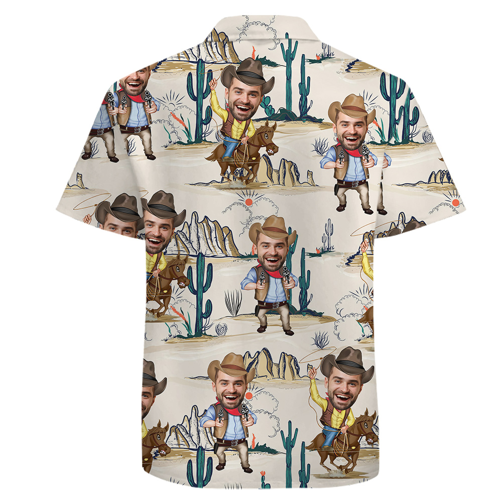 100% Cotton Hawaiian Men Shirt with Custom Cowboy Face