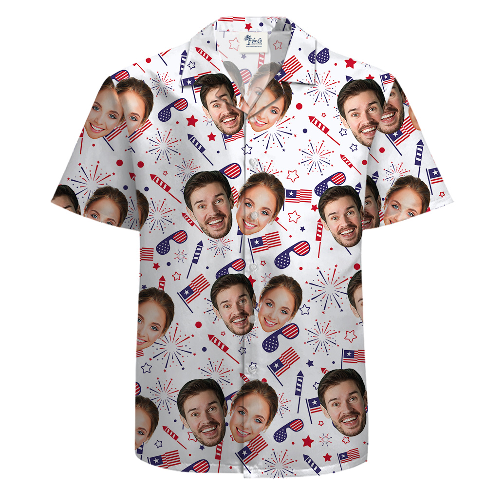 4th of July Custom Couple Face Cotton Hawaiian Shirt - variant image 1