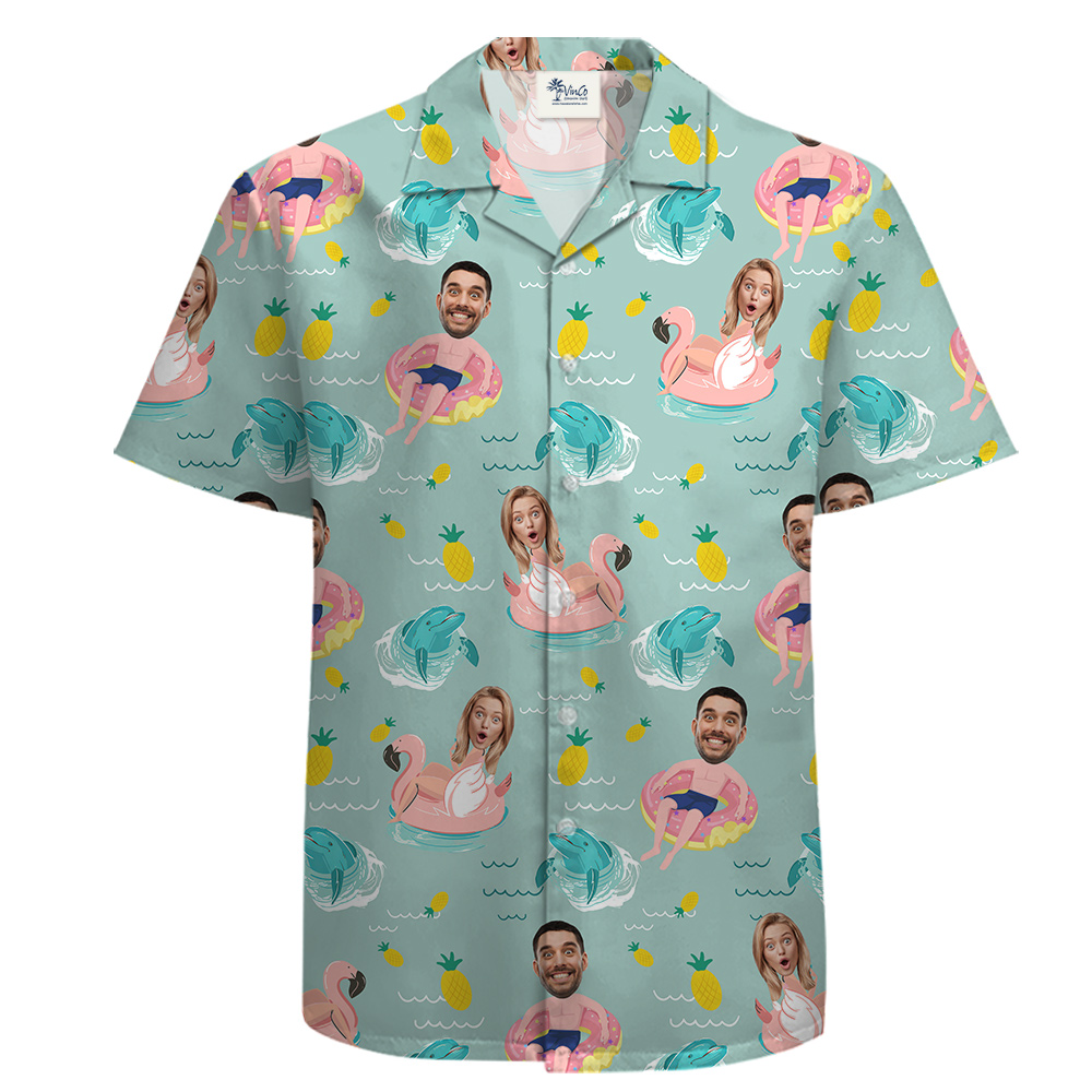 Custom Couple Face 100% Cotton Button Up Shirt with Blue Pool Theme - variant image 1