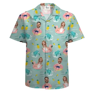 Custom Couple Face 100% Cotton Button Up Shirt with Blue Pool Theme