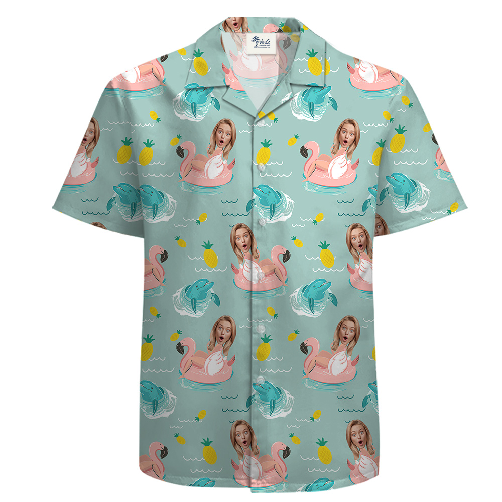 Custom Wife Face 100% Blue Pool Cotton Button Up Shirt for Men - variant image 1