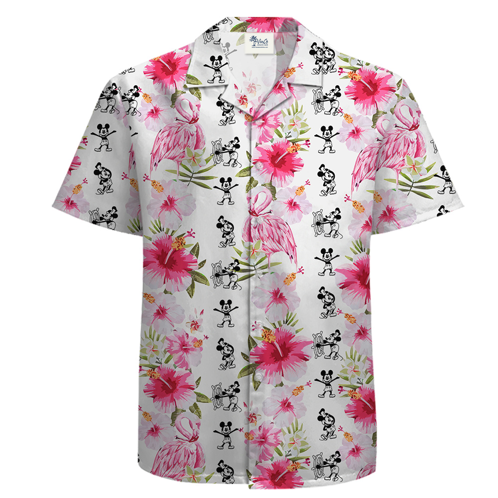 White Cotton Hawaiian Shirt with Mickey 1928 and Flamingo - variant image 1