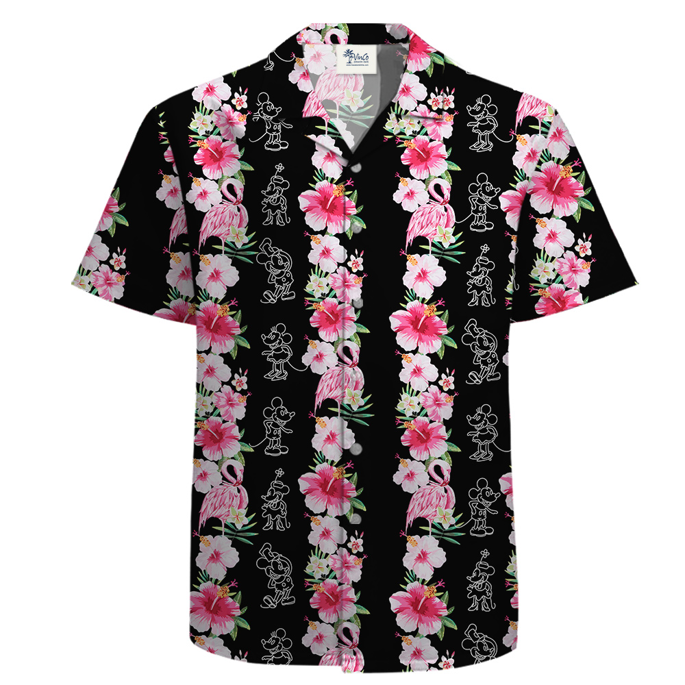 Black Cotton Hawaiian Shirt with Mickey 1928 and Flamingo - variant image 1
