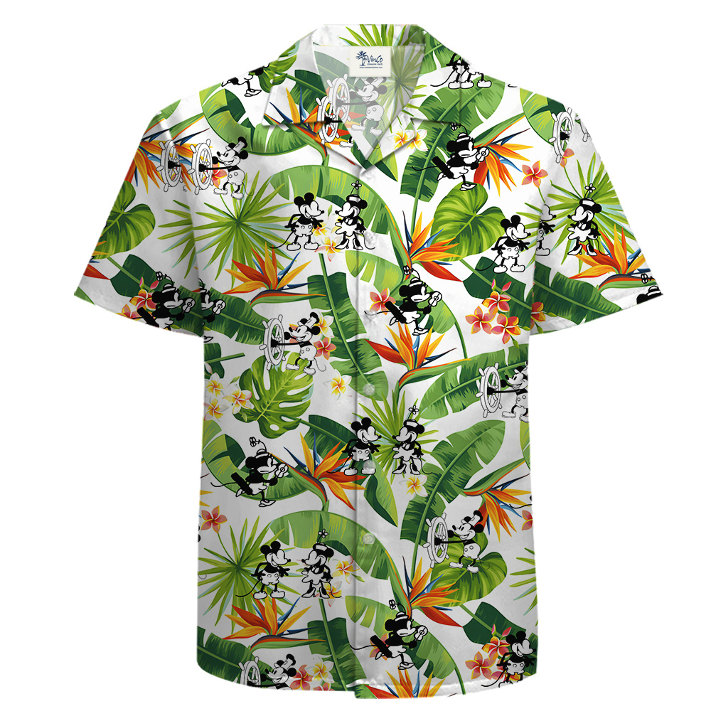 Tropical Mickey Steamboat Willie Cotton Hawaiian Button Up Shirt - variant image 1