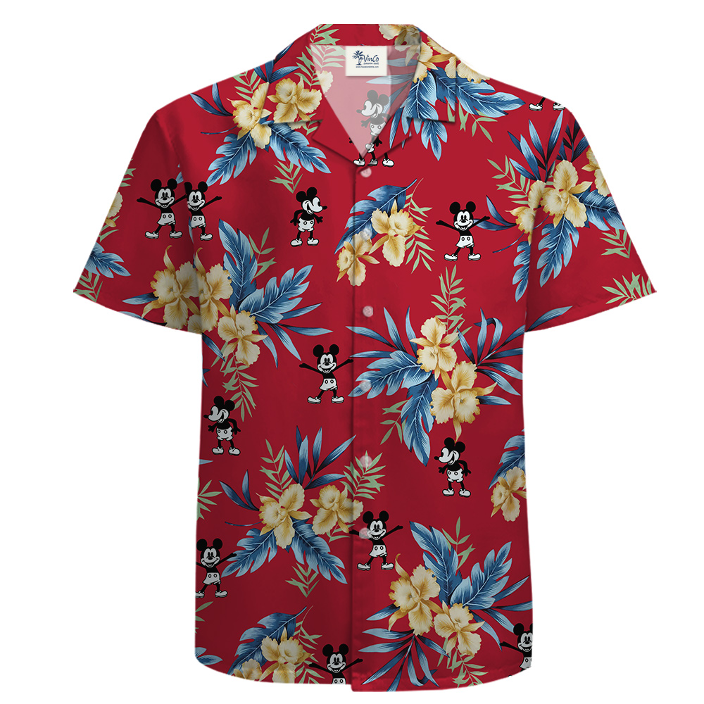 Playful 1928 Mickey Cotton Red Floral Hawaiian Button Up Shirt - variant image 1