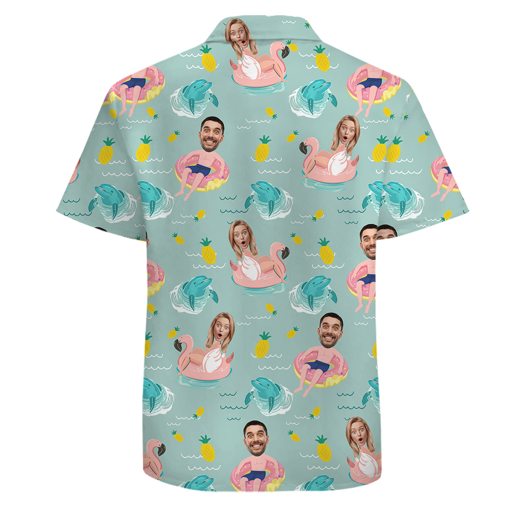 Custom Couple Face 100% Cotton Button Up Shirt with Blue Pool Theme