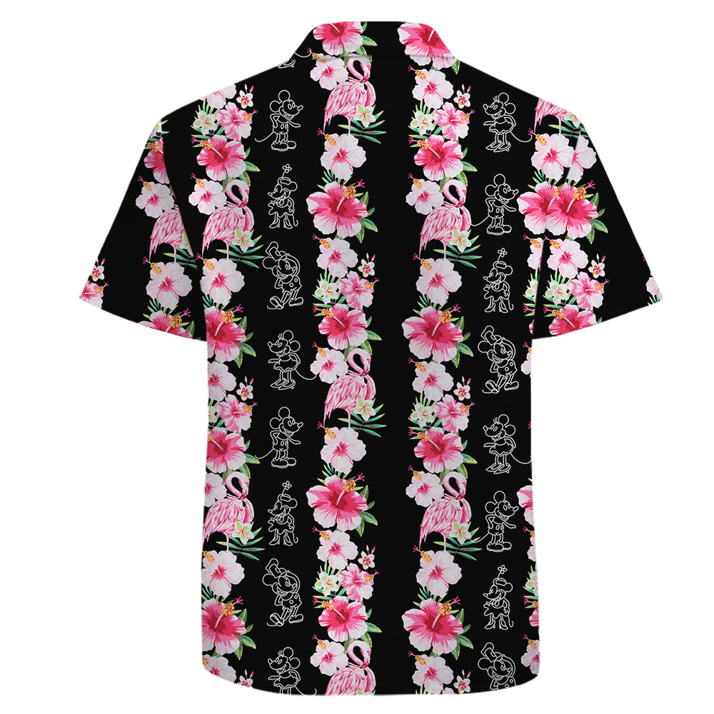 Black Cotton Hawaiian Shirt with Mickey 1928 and Flamingo