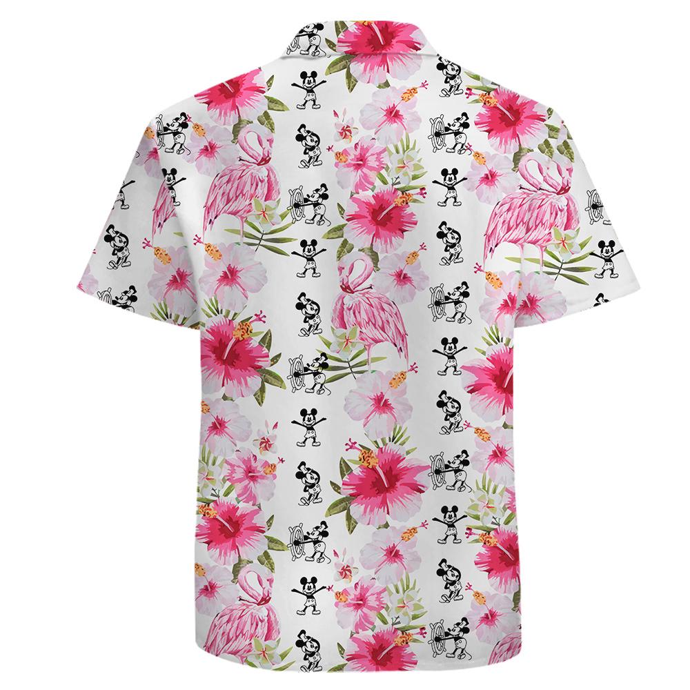 White Cotton Hawaiian Shirt with Mickey 1928 and Flamingo