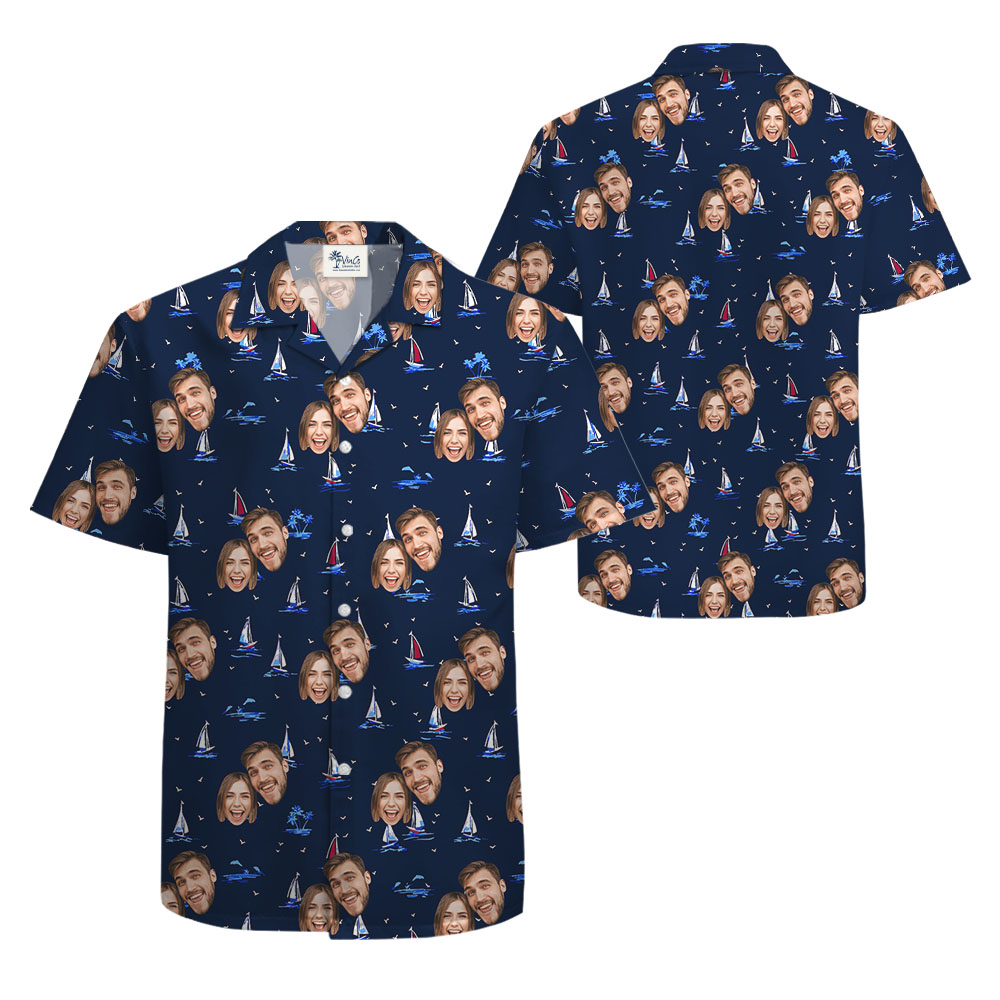 Cool Navy Short Sleeve Hawaiian Shirt With 1-4 Faces