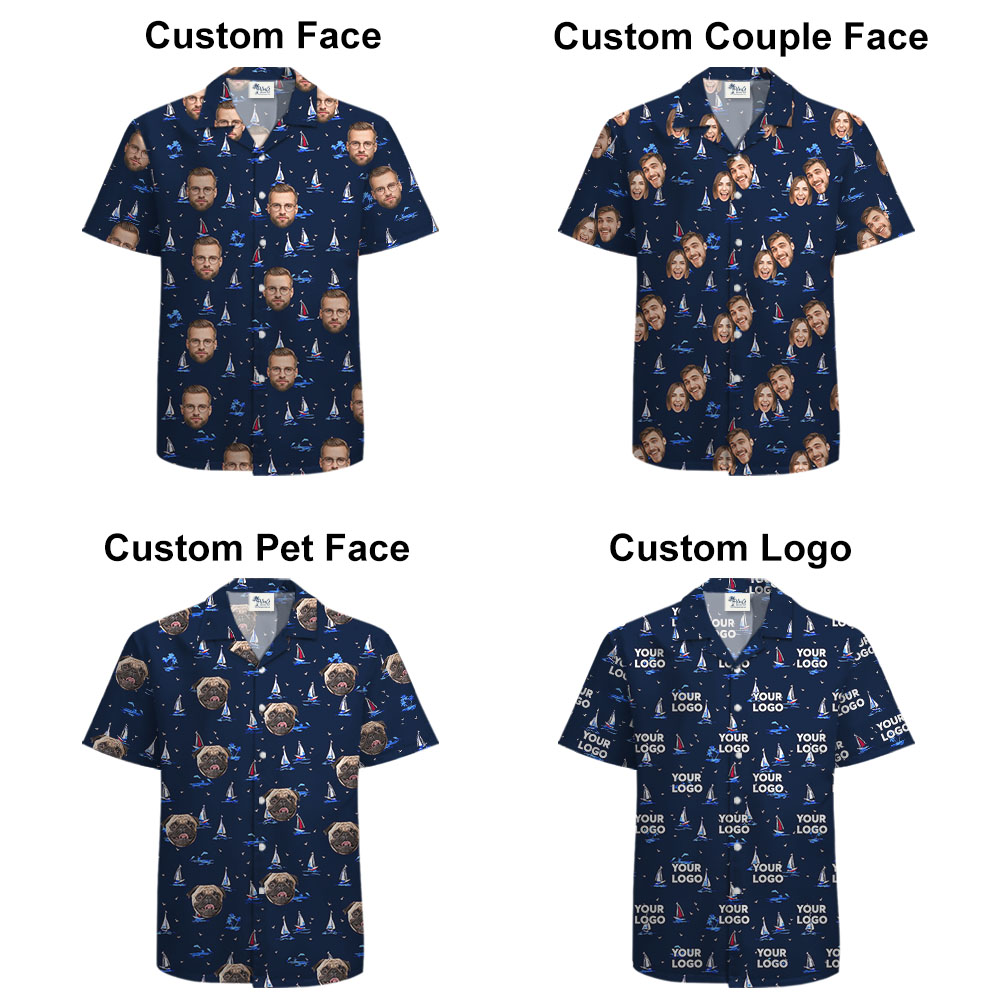 Cool Navy Short Sleeve Hawaiian Shirt With 1-4 Faces