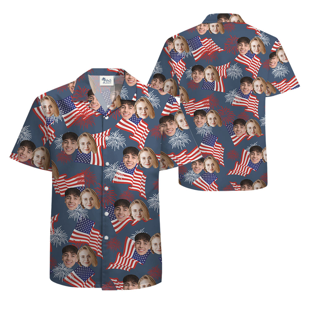 Fourth Of July Button Up Shirt With 1-4 Faces