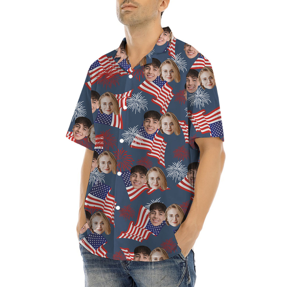 Fourth Of July Button Up Shirt With 1-4 Faces