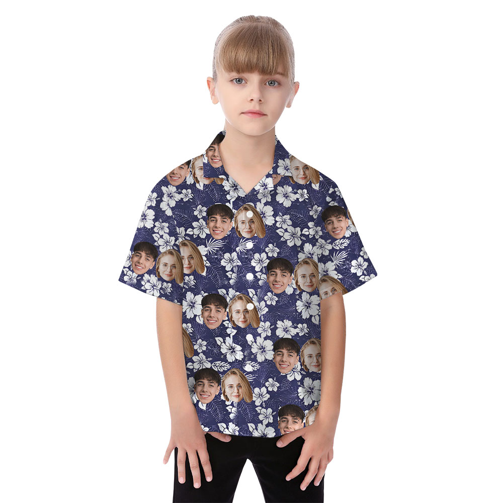 Floral Navy Matching Couples Hawaiian Clothing With Faces