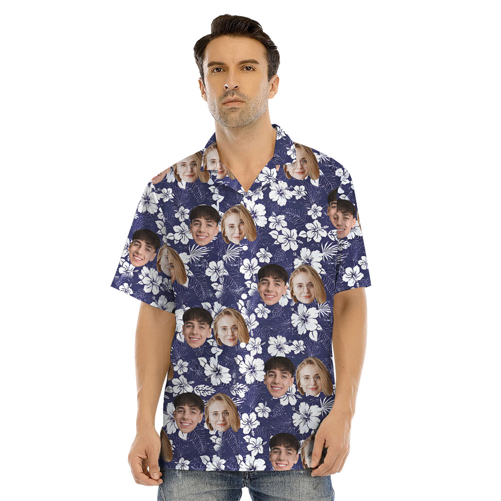 Floral Navy Matching Couples Hawaiian Clothing With Faces