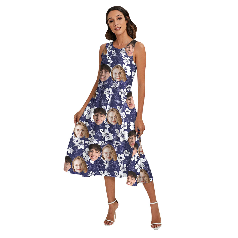 Floral Navy Matching Couples Hawaiian Clothing With Faces