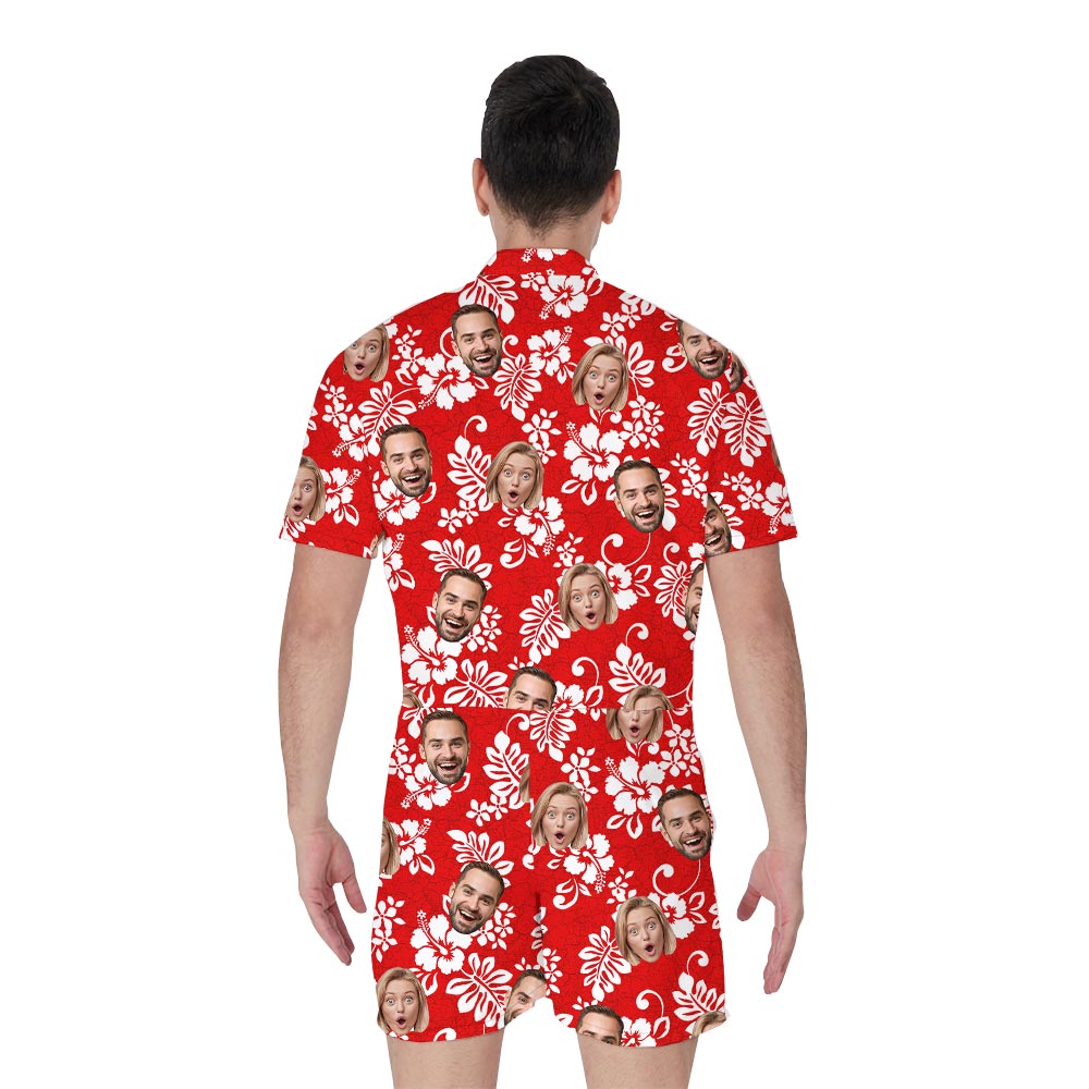 Red Tropical Romper For Men With Custom Logo