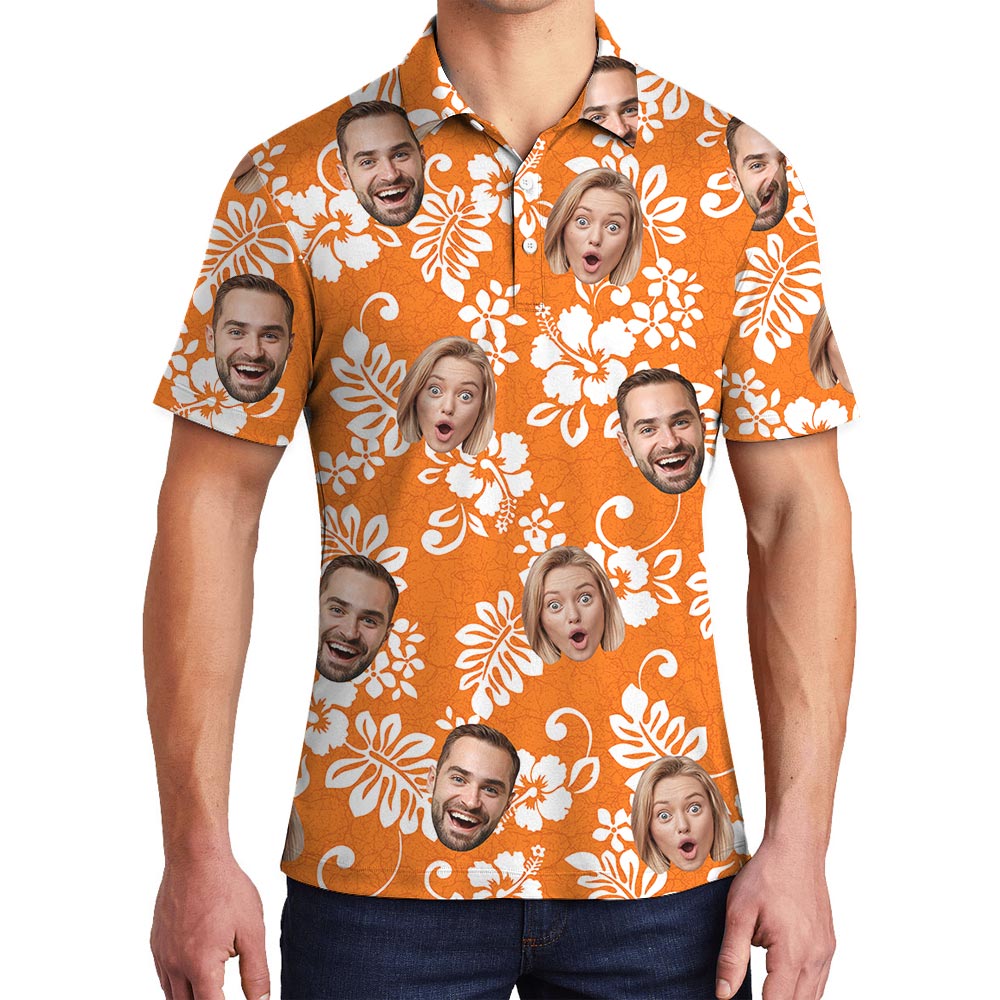 Orange Men's Tropical Hibiscus Polo With Custom Logo - variant image 1