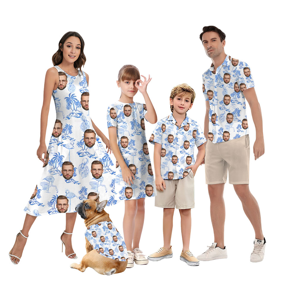 White And Blue Matching Family Aloha Outfits With Faces - variant image 1