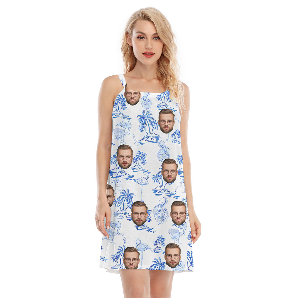 White And Blue Flamingo Cami Dress With 4 Different Faces - variant image 1