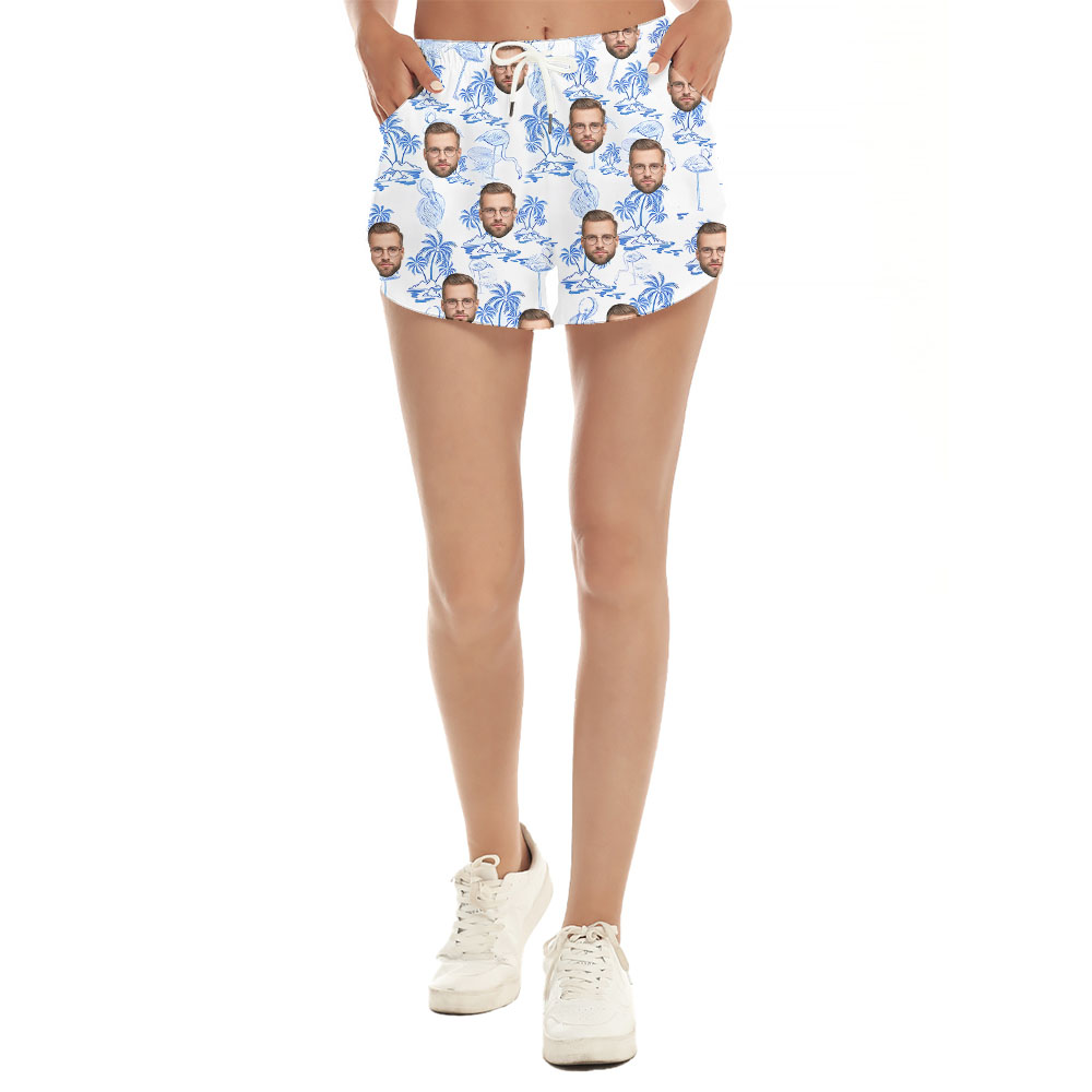 Custom Face Women Beach Shorts White And Blue Flamingo - variant image 1