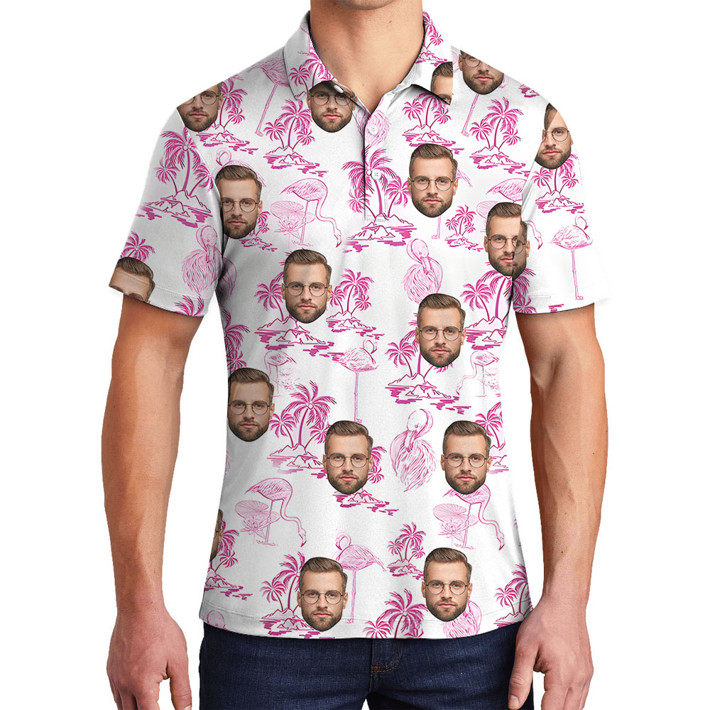 Custom Face Men's Polo Shirt With Pink Flamingo And Beach - variant image 1
