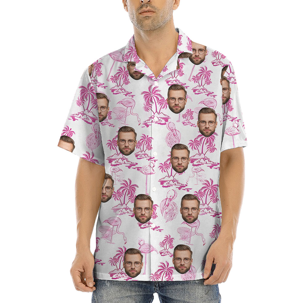 Flamingo Beach Themed Button Up Shirt With 1-4 Faces - variant image 1
